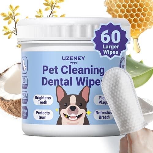 UZENEY Pet Teeth Cleaning Wipes for Dogs&Cats, 60 pcs Dental Finger Wipes, Larger Sized, Plant Extract Ingredients Refresh Breath & Control Plaque & Protect Gum, Dog Tooth Brushing Kit, Unscented