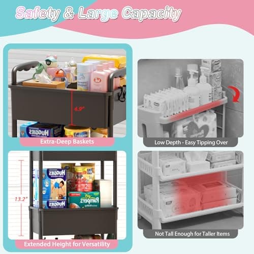 SUNALLY Baby Diaper Caddy Cart, 3 Tier Rolling Diaper Cart with Lockable Wheels for Nursery Essentials, Large Capacity & Easy Assemble Diaper Storage Organizer for Newborn,New Mom, Black - Thumbnail 3