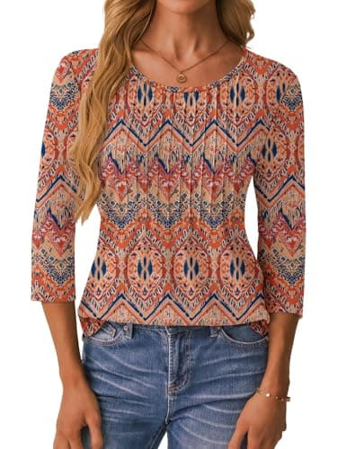 NORACORA 3/4 Length Sleeve Womens Tops Crew Neck Loose Fit Shirts Pleated Cute Clothes Dressy Casual 2026 Summer Tunics Boho XL - Thumbnail 5