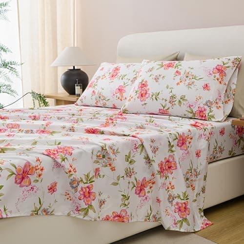Twin Size Bed Sheets Set Deep Pockets - 6PC Floral Ultra Soft Microfiber Bed Sheets - Easy to Clean, 90 Thread Count Sheets Includes 1 Fitted, 1 Flat, 2 Pillowcases (Pink/Green Floral) - Thumbnail 4