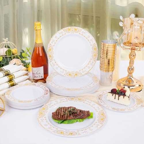 GATHER 350PCS White and Gold Plastic Plates - Gold Disposable Dinnerware Set Include 50 Dinner Plates, 50 Dessert Plates, 150 Gold Plastic Silverware, 50 Napkins, 50 Cups for Wedding & Party - Thumbnail 4