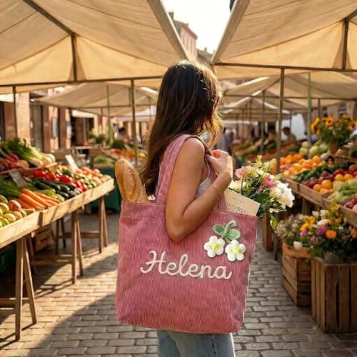 Personalized corduroy handbag, casual shoulder bag with custom name/letter patterns. Durable cotton travel bag, ideal gift for bridesmaids, teachers, and for Christmas, birthdays or honeymoons. - Thumbnail 3