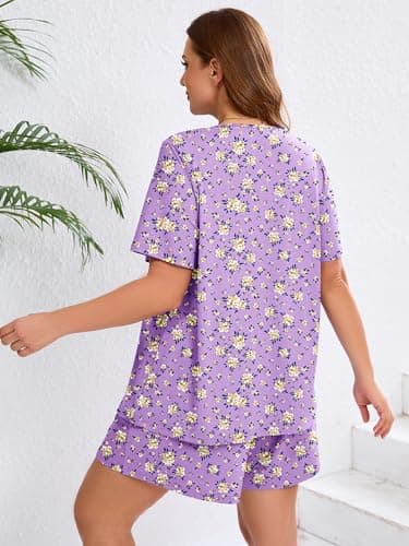 AusLook Women's Plus Size Pajama Sets Short Sleeve Top and Shorts Purple Chrysanthemum 2X Casual Comfy Soft Ladies Short Pajamas Set Loungwear Sleepwear Pjs Set 2 Piece Lounge Set with Pockets - Thumbnail 3