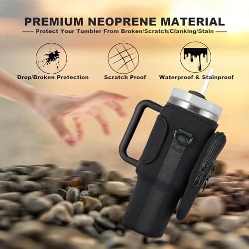 BULKITEM 30oz Water Bottle Carrier Bag with Phone Pocket for Black Stanley 30 oz Tumbler with Handle, Black Insulated Neoprene Cup Holder Pouch Strap for Valentines Stanley Cup Accessories - Thumbnail 4