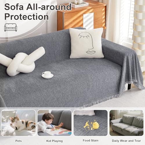 OstepDecor Chenille Couch Cover, Dark Grey Sofa Covers Washable, Sectional Couch Covers for Sofa L Shape, Couch Blanket Cover, Non-Slip Sofa Slipcovers for Dogs, Pets, 91" x 150" - Thumbnail 5