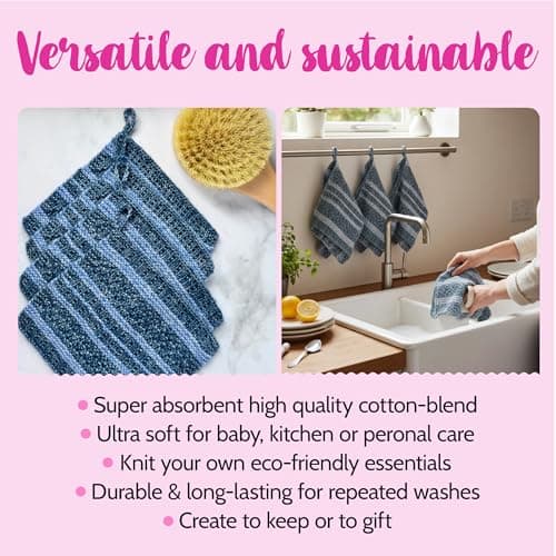 KnitPal Everyday Joy Knitting Kit – Make 4 Reusable Dishcloths for Confident Beginners – Cotton to The Core Yarn (#3 DK), Needles, Patterns & Video Tutorials (Jean Blue + Sky Blue) - Thumbnail 4