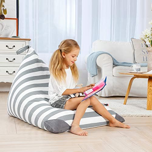Aubliss Stuffed Animal Storage Bean Bag Chairs Cover, 50"x 35" Extra Large Bean Bags Chair for Kids Adults, Beanbag Toy Storage for Boys Girls - Premium Cotton Canvas Grey Stripe - Thumbnail 4