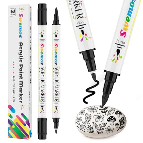 Swemos 2PCS Black Acrylic Paint Pens Markers, Dual Tip with Fine Tip and Brush Tip Pens Acrylic Paint Markers Waterproof Acrylic Markers Set for Rock, Canvas Stone, Wood, Glass, Metal (BLACK, 2) - Image 1