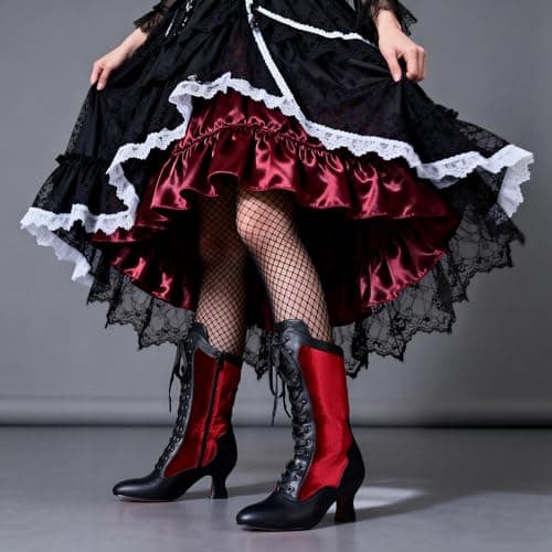 Erocalli Womens Red Witch Boots Halloween Vintage Mid-calf kitten heel Suede Boot - Fall, Lace-up, Side Zipper, Pointed Toe, Renaissance, Victorian shoes - Thumbnail 2