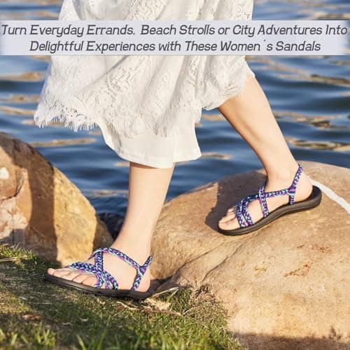 MEGNYA Comfortable Womens Walking Shoes for Supportive, Soft Hand-Woven Strap Sandals for Foot and Heel Pain, Wadable Slide Sandals for Summer Beach Boating Purple Blue Size 6.5 - Thumbnail 5