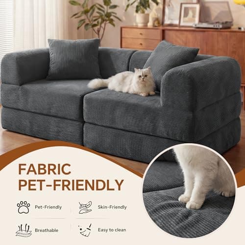 ceamorfco 74.8" Boneless Couch for Living Room, Modular Sectional Sofa Bed with High Back Support & Wide Armrests, Comfy Corduroy Floor Sofa with 2 Pillows, Gray Loveseat Sleeper for Small Spaces - Thumbnail 6