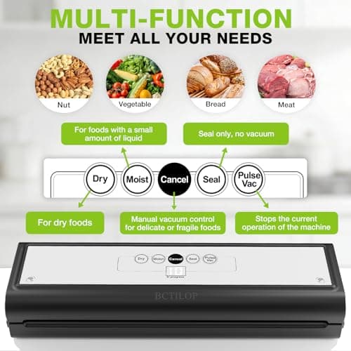 BCTILOP Food Vacuum Sealer Machine with Digital Timer 5-in-1 Pulse/Dry/Moist Modes, 10 Vacuum Bags, External VAC for Jars/Containers, 80 Kpa Automatic Food Sealer for Meal Prep, Compact - Thumbnail 2