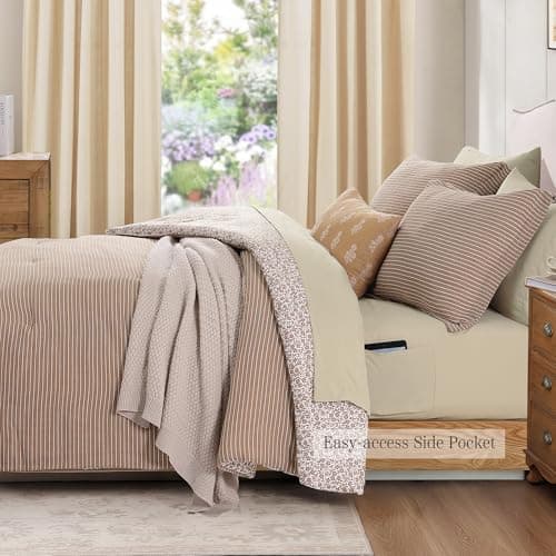 BLOOMHAVEN Full Comforter Set - 7 Pieces Dark Brown Bedding Sets for All Seasons, Lightweight Breathable Bed in a Bag Full with Revesible Farmhouse Comforter, Sheets, Pillowcases & Shams - Thumbnail 5