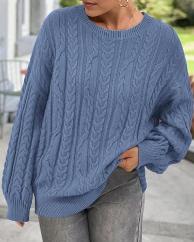 KIRUNDO Oversized Chunky Cable Knit Sweater Women 2026 Fall Fashion Cozy Long Sleeve Crewneck Pullover Winter Clothing(Blue, Small) - Thumbnail 6