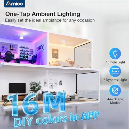 Amico 42‘’ RGB Ceiling Fans with Lights, Low Profile Flush Mount Small Ceiling Fan, Remote Control/APP Control, 3CCT, Reversible, Bedroom, Living Room, Kids Room, White - Thumbnail 5