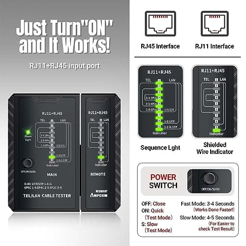 AMPCOM Network Cable Tester RJ45 for LAN & TEL Continuity of RJ45/11/12 CAT5E CAT6 CAT7 UTP & STP Shielded Ethernet Wires Test Tool - W/Carrying Bag - Black - Thumbnail 2