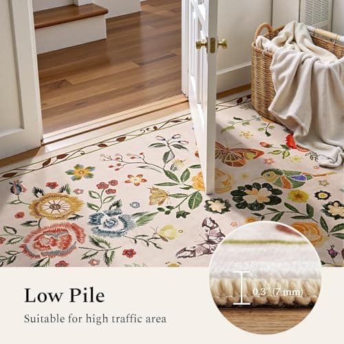Rugflix 2x6 Runner Rug for Hallway, Washable Kitchen Runner Non Slip, Soft Low Pile Entryway Carpet, Vintage Floral Stain Resistant Long Laundry Room Rugs for Bedroom, Stairs, Beige - Thumbnail 3