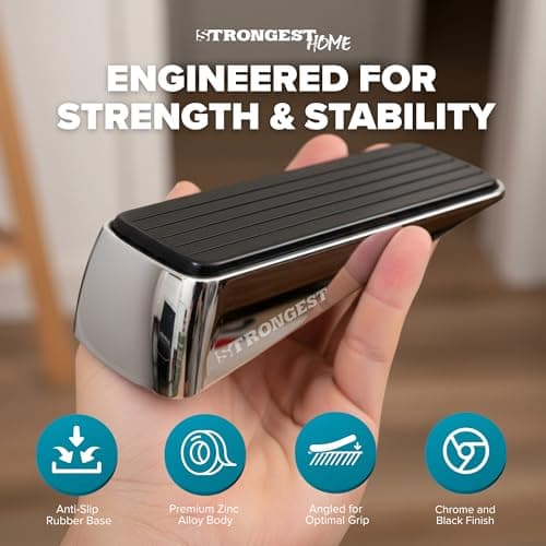 Strongest Home Heavy Duty Door Stopper Wedge (2 Chrome PCs) | Non-Slip Rubber and Metal Door Stop for Heavy Doors | Work on Wood, Tile, Carpet + 2 White Wall Protectors - Thumbnail 4