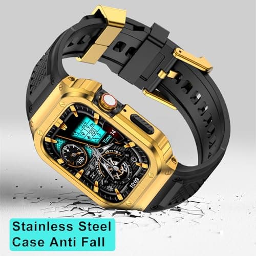 Deczone Band with Stainless Steel Case Compatible with Apple Watch Series 9 8 7 45mm Band, iwatch Bands Rugged Metal Protective Cover for Men (Gold) - Thumbnail 4