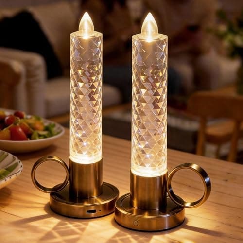 JandCase Flameless Candles, Rechargeable Taper Candles Battery Operated 2 Pack, LED Acrylic Crystal Pillar Candles, Dimmable Small Cordless Table Lamp for Valentines Wedding Centerpiece Decorations - Image 1