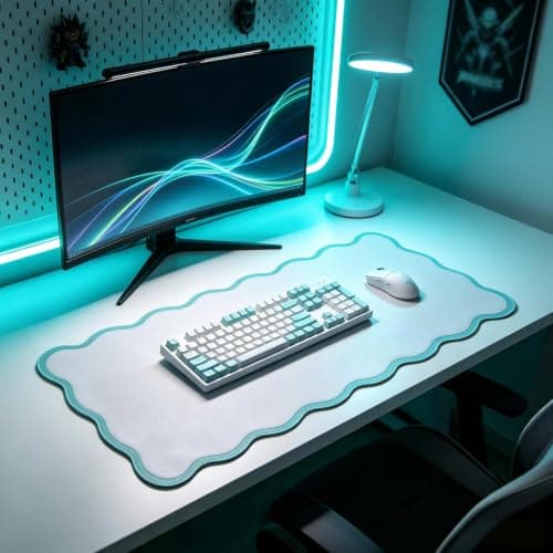 Yuboo Teal Scalloped Desk Mat for Women, 31"x15.7" Cute Waterproof Washable Non Slip Large Keyboard Mouse Pad, Cottagecore Aesthetic Desktop Pad for Gaming Office Dorm Desk Decor