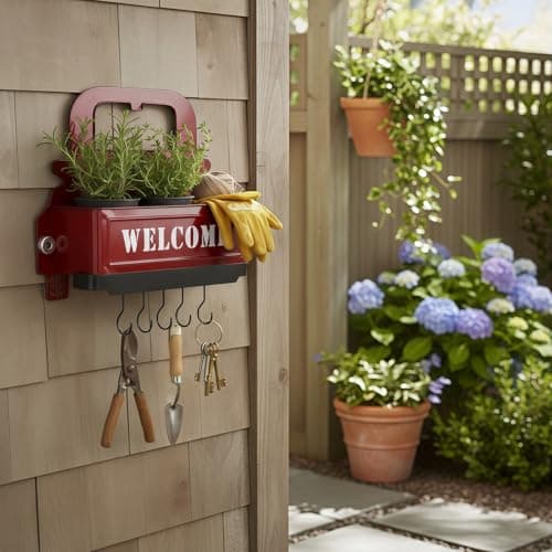Truck Farmhouse Key Rack & Rustic Metal Wall Planter,Wall Mounted Flower Pot with Hooks, Hanging Plant Holder & Entryway Organizer for Indoor Outdoor Garden, Patio, Balcony, Farmhouse Decor (Red) - Thumbnail 5