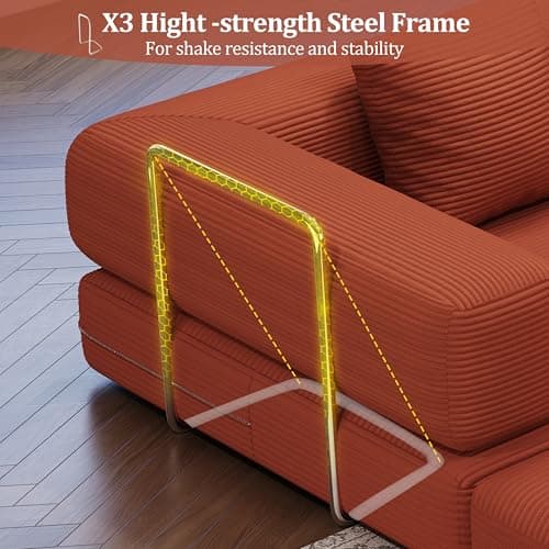 59.0 Inch Convertible Sofa Bed, 4-in-1Futon Sofas Bed Pull Out Sleeper Couch, Modern Deep Seat Sofa for Living Room, Corduroy Boneless Couches for Bedroom, Apartment, No Assembly, Orange, 59" 2 Seat - Thumbnail 6