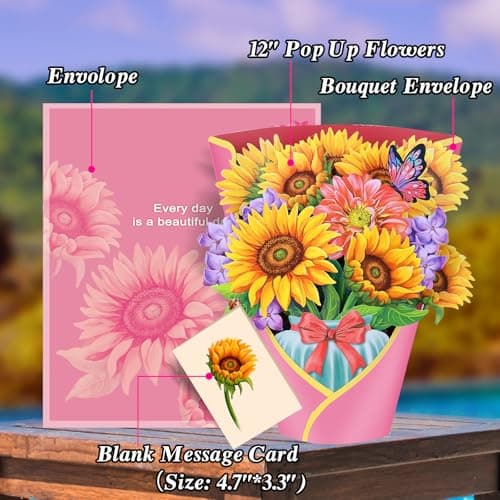 Airpark 3D Paper Pop Up Cards, Sunflower & Butterfly Forever Paper Flower Bouquet Pop Up Birthday Cards, Mother's Day, Thank you card, Get Well Gifts for Women Mom Teacher, Blank Notecard & Envelope - Thumbnail 4
