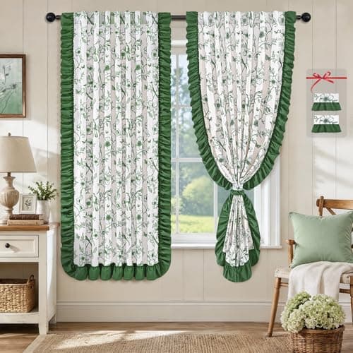 Yinhua Green Floral Curtains for Living Room 63 Inch French Country Linen Bedroom Curtains with Ruffle Tieback, Light Filtering Flower Patterned Window Curtain Rod Pocket Back Tab Drapes, 2 Panels - Thumbnail 2