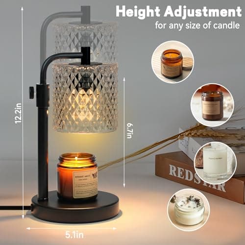 NITOWOLF Candle Warmer Lamp with Timer, Adjustable Height Candle Warmer Glass Candle Lamp Warmer for Jar Candles, House Warming Gifts Home Decor Gifts for Women (Black-Glass) - Thumbnail 5