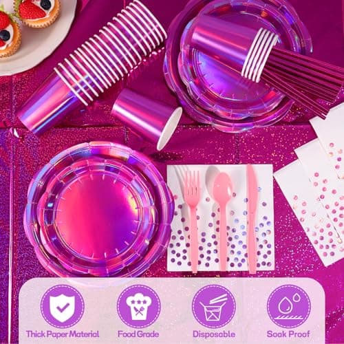 NatNarr 200 Pcs Pink Plates and Napkins Party Supplies, 25 Guest Scalloped Iridescent Pink Plates Napkins Cups Set Holographic Pink Party Decorations for Birthday, Mermaid, Disco Party - Thumbnail 2