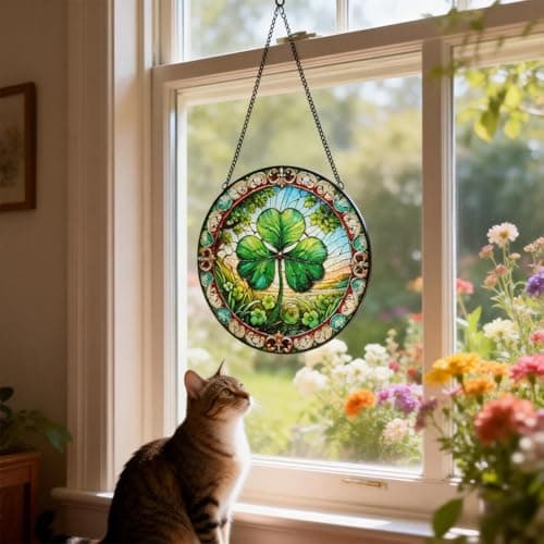 Stained Glass Window Hanging, Shamrock Suncatcher Decor, Clover Wall Art Ornament Decorations for Home Bedroom Garden Farmhouse, Birthday Housewarming Gift for Women Mom, 7.8 Inch - Thumbnail 3