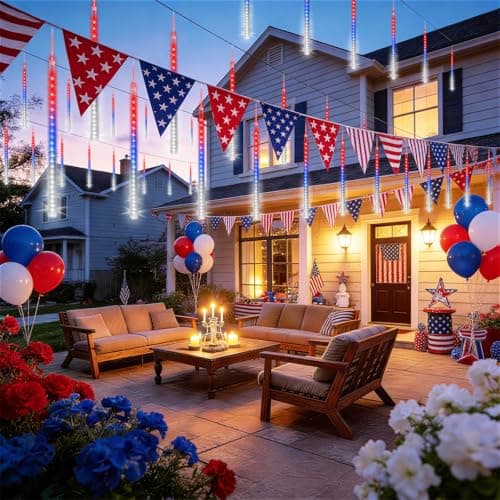 KNONEW Red White and Blue Solar Lights, 20 Tube 720 LED Solar Meteor Shower Lights Outdoor Waterproof Falling Raindrop Lights for Independence Day Tree Garden Yard Patio Gazebo 4th of July Decorations - Thumbnail 3