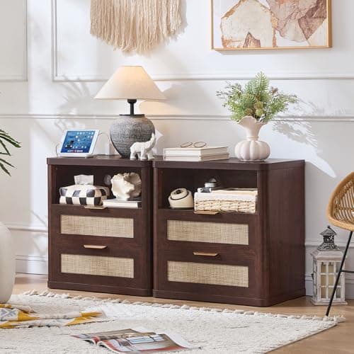 LEYAOYAO Rattan Nightstands with Charger Station, 23" Wide Boho Night Stand with 2 Drawers, Bedside Table Open Shlef, Bed Side End Table Dresser for Bedroom, Living Room Hallway, Walnut - Thumbnail 5
