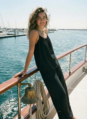 Dokotoo Matching Sets Women Clothing Summer Casual Spaghetti Strap Tank Tops and Wide Leg Lace Pants Set with Pockets Going Out Resort Wear Black X-Large - Thumbnail 2
