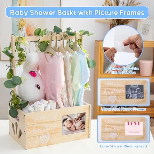 LLMQ Wooden Baby Shower Crate Closet, Personalized Baby Shower Basket with Wreath & Hanger, Love at First Sight Sonogram Picture Frame, Baby Clothes Storage Box for Ideal Pregnancy Gift - Thumbnail 4