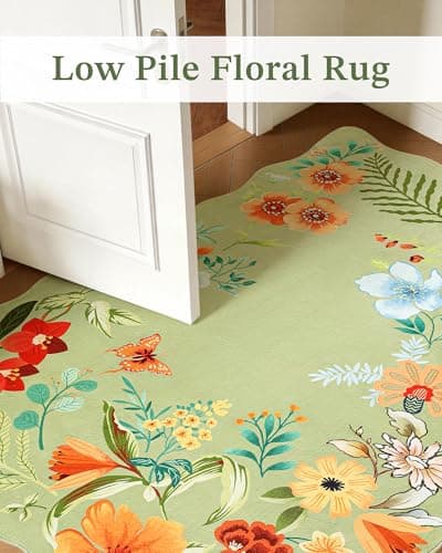 Carvapet 5x7 Scalloped Area Rug, Washable Floral Botanical Low Pile Boho Rugs for Living Room Bedroom Nursery, Non Slip Soft Stain Resistant, Green Indoor Carpet - Thumbnail 6