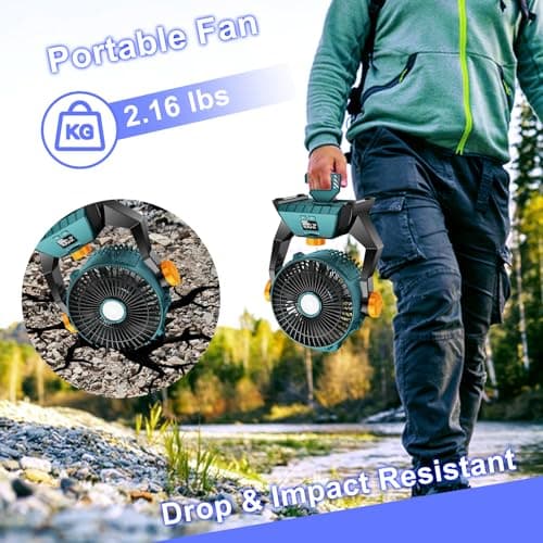 Camping Fan - Rechargeable Portable Battery Powered Camping Fans for Tents with LED Light, Power Display, Timers & 360° Hanging Hook, Ultra Quiet USB Personal Tent Fan for Fishing Travel Home Office - Thumbnail 5