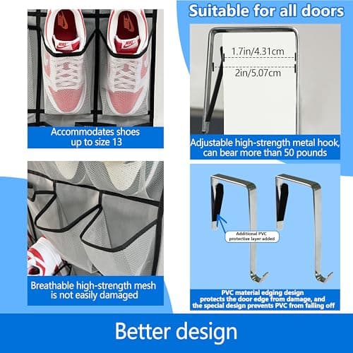 over the door shoe organizer,2025 upgraded,shoe organizer,35 Huge pockets,over door shoe organizer,Store size 13 shoes,shoe organizer,Strong material,hooks Suitable for various doors,Grey/black - Thumbnail 4