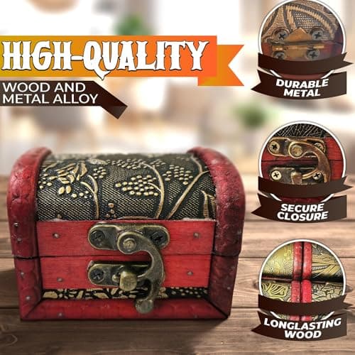Small Treasure Chest Box - 3.15" x 2.36" x 2.36" Mini Treasure Chest with Vintage Ornament, Decorative Wooden Box with Lid and Hasp Latch, Good for Gifting, DIY-Crafts, and Aquarium Decoration - Thumbnail 3