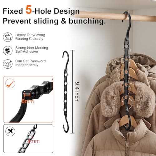 6 Pack Black Space Saving Hangers for Closet Organizers and Storage, 9.4 inch with 5 Enclosed Anti-Slip Hole, Clothing Hangers for Small Apartment & Small Closets and Dorm Room Essentials - Thumbnail 2