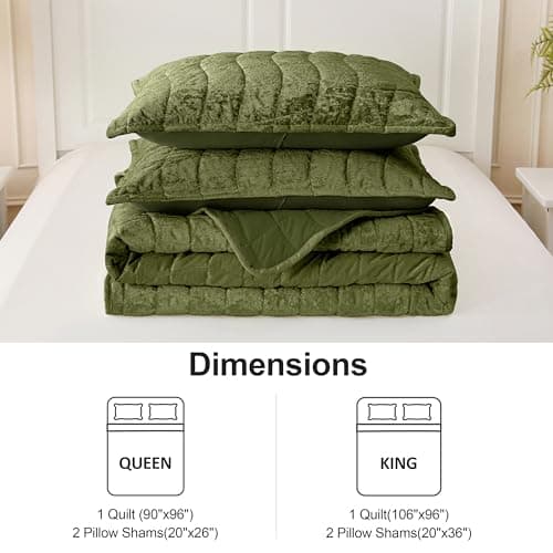 DOWNCOOL Velvet Quilt Set Queen Size, 3 Pieces Soft Lightweight Quilted Velvet Bedspread Coverlet Bedding with 2 Pillow Shams for All Season, Olive Green - Thumbnail 6