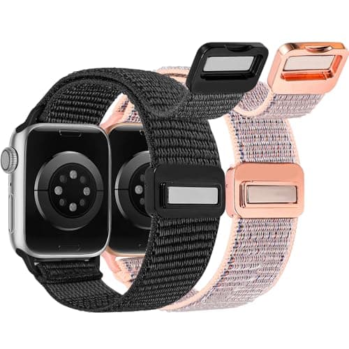 Crodi 2 Packs Nylon Loop Sport Bands Compatible with Apple Watch Band 38/40/41/42mm Women Men, Strong Magnetic Adjustable Straps for iWatch Series 11 10 9 8 7 6 5 4 SE/Ultra 3 2 1, Black&Pink Sand - Image 1