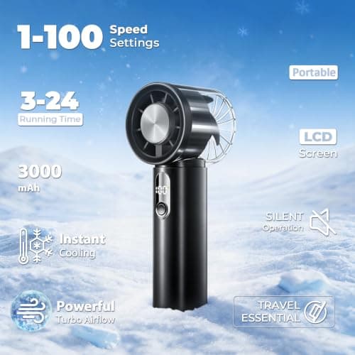 2026 Portable Handheld Turbo Fan with Ice Cooler, 5 Gear Strong Airflow, 3 IN 1 Mini Hand Fan for Hand, Desk & Travel, Up to 12Hrs, Battery Operated, Personal Fan for Outdoor, Makeup, Beach(Black) - Thumbnail 5