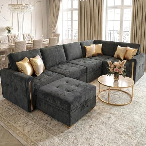smilesun Oversized Modular Chenille U-Shaped Sectional Sofa with Storage, Convertible Comfy Extra Deep & Wide Seating with Gold Metal Accents & Square Legs for Living Room (Grey) - Image 1