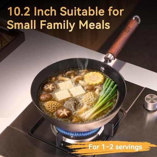 WANGYUANJI Cast Iron Wok Pan with Lid, 10.2 Inch Small Flat Bottom Stir Fry Skillet, Uncoated Traditional Chinese Iron Pot for 1-2 People, Compatible with Induction & Gas Stoves - Thumbnail 6