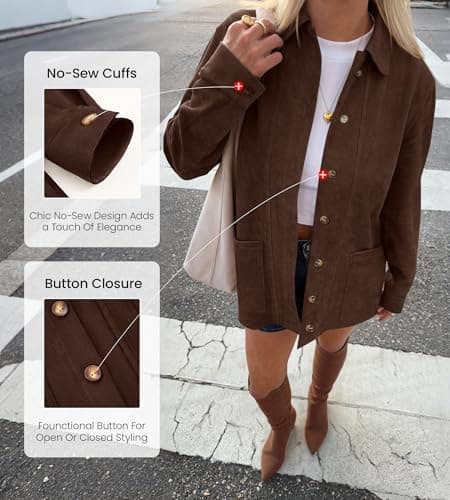 BTFBM Faux Suede Jacket Women Fall Fashion 2026 Leather Jackets Long Sleeve Button Down Winter Coats Shackets Outerwear(Coffee, Medium) - Thumbnail 4