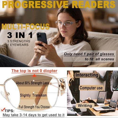Yiwaeye Photochromic Progressive Multifocus Reading Sunglasses for Women, Stylish Metal Half Frame Anti Blue Light Readers 1 Pack Red +1.5 - Thumbnail 2