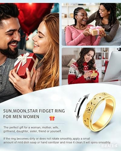 Fidget Toys Adults Anxiety Ring-Fidget Ring Women Men Stress Relief Spinner Fidget Toys Stainless Steel Band with Hollowed Sun Moon Star Sandblasted Surface 6mm Width,18K Gold/Silver Size 6-11 Unisex - Thumbnail 4