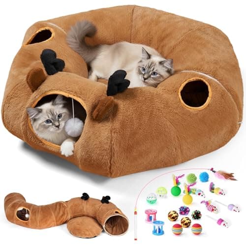 Cat Tunnel Bed with 20 Pcs Interactive Toys, 3-in-1 DIY Collapsible Plush Cat Tube with Washable Mat, Large Indoor Play Tunnel Cave for Kittens and Small Animals